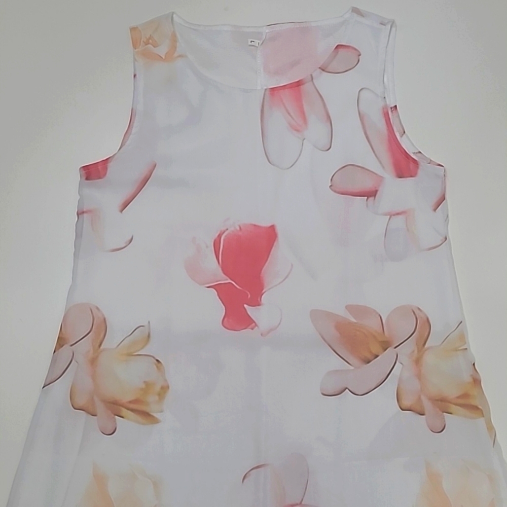Floral Chiffon Mini Dress Sheer Lined Sleeveless Shift Tunic Boat Neck Flowery - Picture 9 of 17